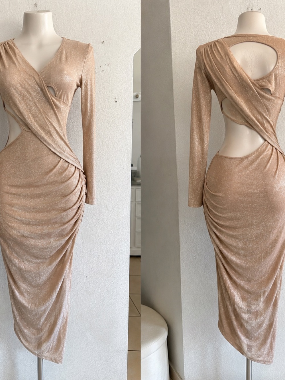 Amazon Metallic Champagne Backless Ruched Midi Dress